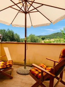 un patio con 2 sillas y una sombrilla en Agriturismo Poggio Tondo, en Casa Agresti