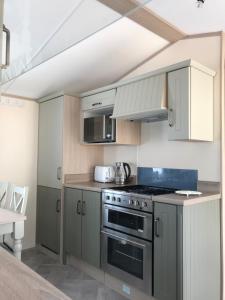 uma cozinha com armários cinzentos e um forno com placa de fogão em Deluxe Riverside Static Caravan em Cheddar