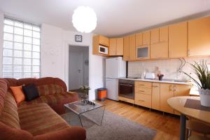 a living room with a couch and a kitchen at Iva City Center in Belgrade