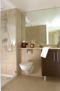 y baño con aseo, ducha y lavamanos. en Residence Services Calypso Calanques Plage, en Marsella