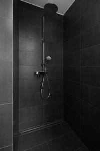 a shower with a shower head in a black bathroom at Casa Augusta - Urban Living in Trier +10 photos
