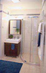 La salle de bains est pourvue d'une douche et d'un lavabo. dans l'établissement Monarchia Apartman Sunny, à Mosonmagyaróvár