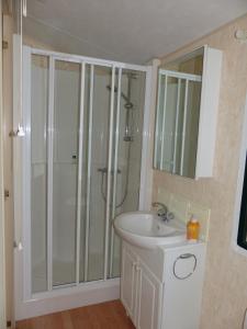 a bathroom with a shower and a sink at Domki nad Wartą in Wierzchlas