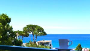 eine Tasse Kaffee auf einem Tisch mit Meerblick in der Unterkunft Casa del sole in Sperlonga