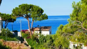 ein Haus auf einem Hügel mit dem Ozean im Hintergrund in der Unterkunft Casa del sole in Sperlonga