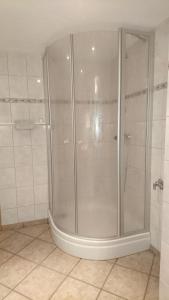 een douchecabine in een badkamer met witte tegels bij Gästehaus Meierbaude in Kurort Altenberg