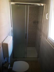 een badkamer met een douche, een toilet en een glazen deur bij Apartman Borna in Otočac