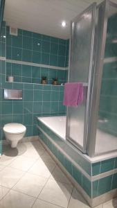 een badkamer met een bad, een toilet en een douche bij Gästehaus Meierbaude in Kurort Altenberg