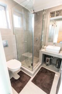 a bathroom with a shower and a toilet and a sink at Katafugio Mpafi in Athens