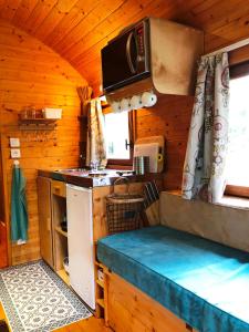 an interior view of a kitchen in a tiny house at Millygite Chalet-on-wheels by the river in Milly-la-Forêt
