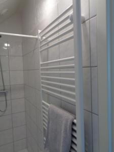 a bathroom with a shower and a towel at Studiozimmer an den Leineauen in Arnum