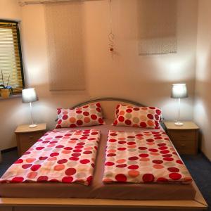 een bed met twee kussens in een slaapkamer bij Geräumige in Jägerhof