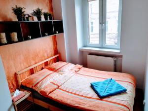 a small bed in a room with a window at excellent location in Wrocław