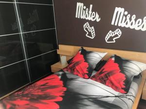 a bedroom with a bed with red and black pillows at El apartamento de Iraide in Bilbao