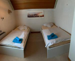 2 Betten in einem kleinen Zimmer mit blauen Kissen in der Unterkunft Einfamilienhaus Garbsen Havelse in Garbsen