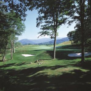 a view of a golf course with trees and a green at Top of the World in Snowshoe