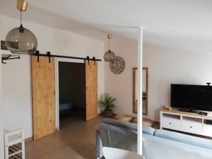 ein Wohnzimmer mit einem Sofa und einem Flachbild-TV in der Unterkunft Ático encantador... in A Coruña