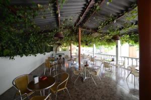 un restaurante con mesas, sillas y plantas en Hostal Sa Rota, en Santa Eulària des Riu