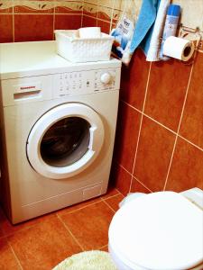 a washing machine in a bathroom with a toilet at Inci apartman in Pécs