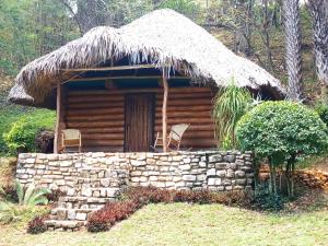 a log cabin with a thatched roof and a stone wall at cabins sierraverde huasteca potosina "cabaña la ceiba" in Damían Carmona