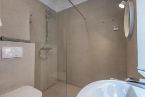a bathroom with a shower and a toilet and a sink at Amber Suites - Stikliu 20 in Vilnius