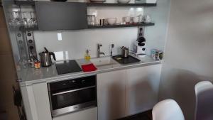 a kitchen with a sink and a stove at Maison am Liesingbach in Vienna