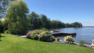 a dock on a lake with flowers on the grass at Villa Braas in Breukeleveen