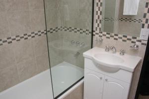 a bathroom with a shower and a sink and a tub at Inter Apart Hotel in Salta