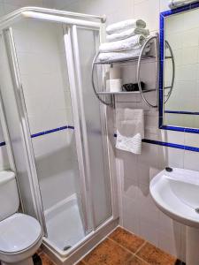 a shower in a bathroom with a toilet and a sink at Hostal La Dehesa in Villanueva del Rey