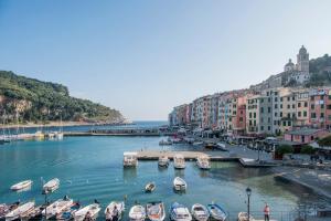 a group of boats are docked in a harbor at Grand Hotel Portovenere in Portovenere