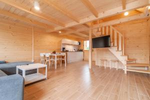 トシェンサチにあるTRZĘSAWISKOのソファとテーブルとキッチンのあるリビングルーム