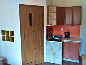 cocina con puerta de madera y fregadero en Akt Studio Apartment City Centre, en Cracovia