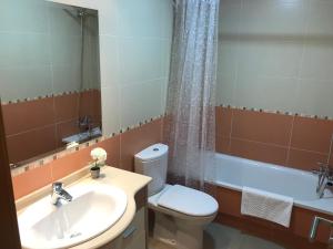 ein Badezimmer mit Waschbecken, Toilette und Badewanne in der Unterkunft Apartamentos Trebol in Sanxenxo + 36 Fotos