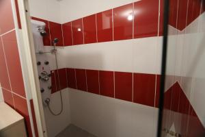 a bathroom with a shower with red and white tiles at Mauleon Maison prive jardin 6 personnes in Mauléon