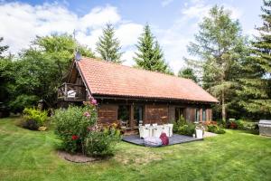 a small log cabin in a yard at Zezuj Agroturystyka i Łowisko in Zezuj