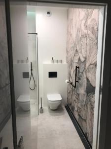 ein Bad mit einer Dusche, einem WC und einem Waschbecken in der Unterkunft Apartament the Good Place in Brodnica