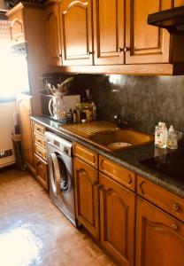 a kitchen with wooden cabinets and a sink and a dishwasher at Au pied de la tour Eiffel Trocadéro in Paris