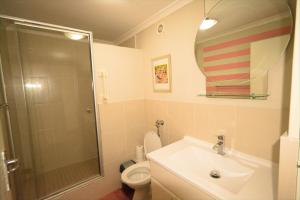 a bathroom with a toilet and a sink and a shower at Kairos Lodge in Hout Bay