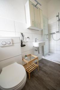 e bagno con servizi igienici, lavandino e doccia. di Appartment Stadtgarten a Tuttlingen