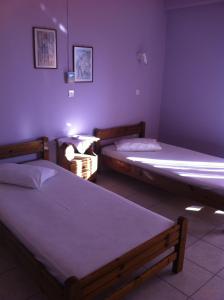 two beds in a room with purple walls at Vasila seaview in Tavari +13 photos