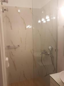 um chuveiro com uma porta de vidro na casa de banho em NN Luxury Room near Athens Airport em Spata