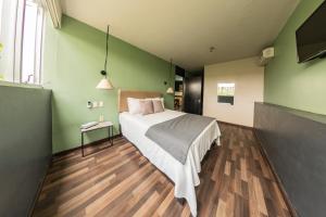 um quarto com uma cama e paredes verdes em Lusitania Suites em Orizaba