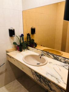 a bathroom with a sink and a mirror at Albergue la Estacion in Santiago de Compostela