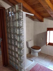 La salle de bains est pourvue de toilettes et d'un mur de verres à vin. dans l'établissement CA TONI, à Darmós