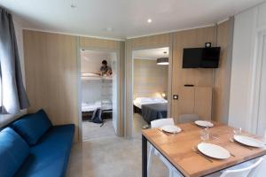 Saint-Martin-dʼArrossaDomaine Chalets Larlapean的一间带桌子的房间和一间带卧室的房间