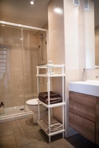 a bathroom with a toilet and a shower and a sink at Apartamento Jaca Snow in Jaca