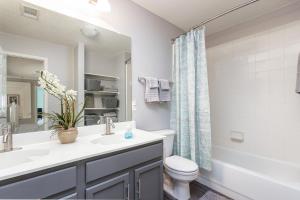 a bathroom with a sink and a toilet and a mirror at Summer Deal! Symphony Home near Fort Worth Stock Rodeo, Globe Life, AT&T in Fort Worth