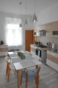 プラハにあるJiřina Appartmentsのキッチン(テーブル、椅子付)