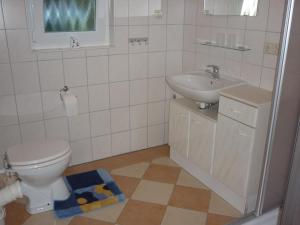 萬格爾蘭的住宿－Ferienhaus Groß Popkenhausen，一间带卫生间和水槽的浴室