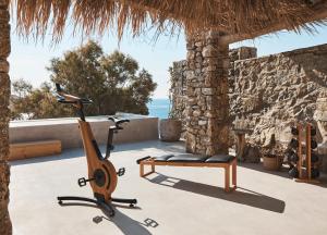 a exercise bike on a patio with a view of the ocean at The Wild by Interni in Kalafatis